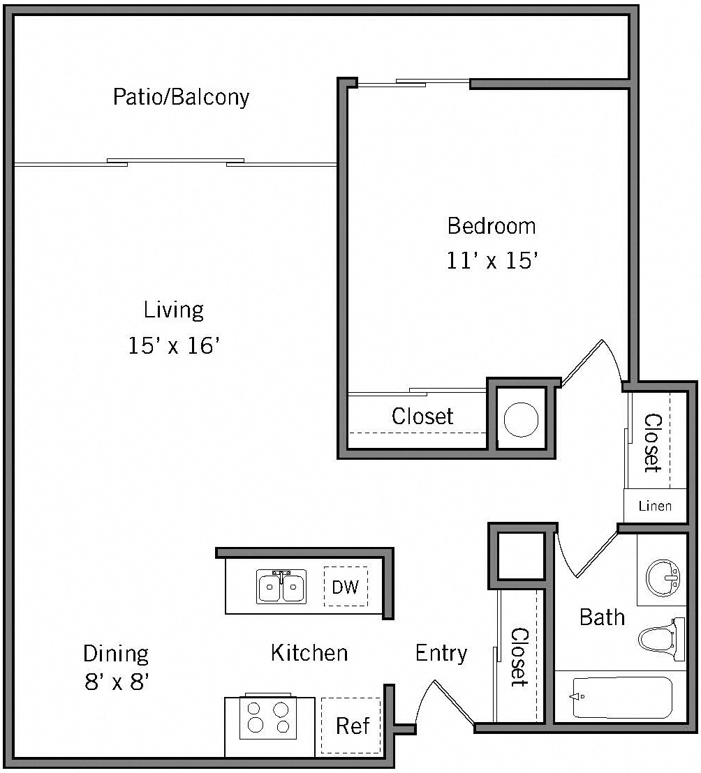 Floor plan for 1 bed, 1 bath, 780 sqft